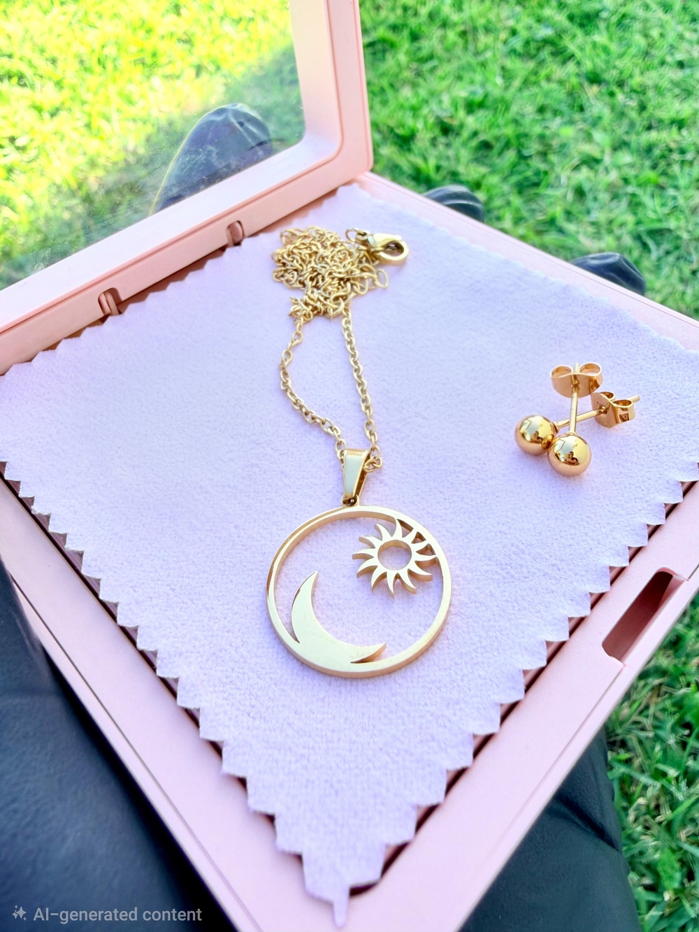 New Stainless Steel Gold Moon & Sun Pendant Necklace - Women's Jewelry